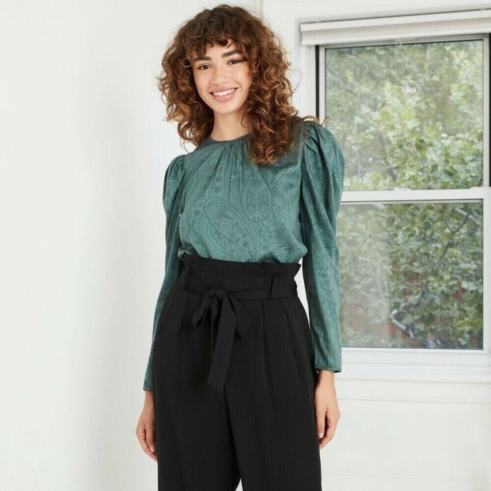 Womens Paisley Print Puff Long Sleeve Top a New Day Long Sleeve Green NWT